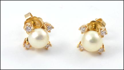 Pearl and Diamond Stud Earrings in 14K Yellow Gold LARGE