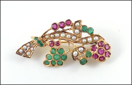 Ruby, Emerald and Pearl Floral Pin in Yellow Gold LARGE