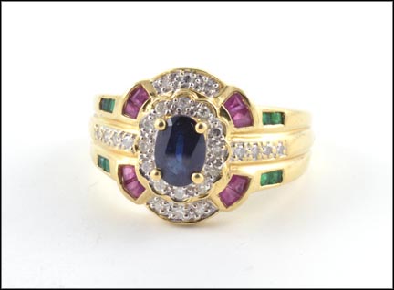 Ruby, Emerald, Diamond and Sapphire Cluster Ring in 14K Yellow Gold MAIN