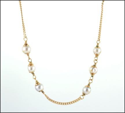 Pearl Station Necklace in 14K Yellow Gold LARGE