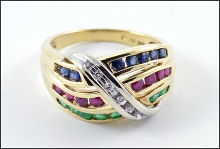 Ruby, Emerald, Diamond and Sapphire Ring in 10K Yellow Gold LARGE