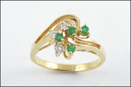 Emerald and Diamond Swirl Ring in 14K Yellow Gold LARGE