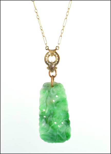 Carved Jade Necklace 1925 in 10K Yellow Gold LARGE