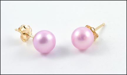 Dyed Pink Pearl Stud Earrings in 14K Yellow Gold LARGE