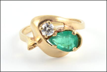 Emerald and Diamond Freeform Ring in Yellow Gold LARGE