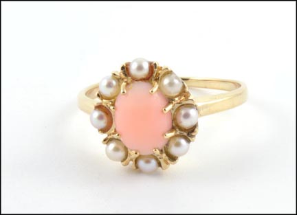 Coral and Pearl Ring in 14K Yellow Gold LARGE
