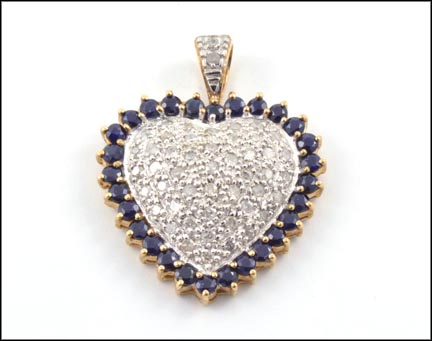 Pave' Diamond Heart with Sapphire Pendant in 10K Yellow Gold MAIN