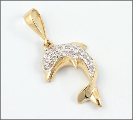 Diamond Dolphin Pendant in 14K Yellow Gold LARGE