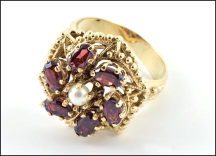 Garnet Cluster Ring with Pearl in 14K Yellow Gold MAIN
