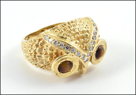 Owl Tiger Eye and Diamond Ring in 14K Yellow Gold MAIN