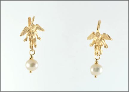 Cherub with Dangle Pearl Earrings in 14K Yellow Gold LARGE