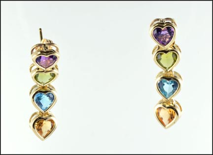 Gemstone Hearts Earrings in 14K Yellow Gold LARGE