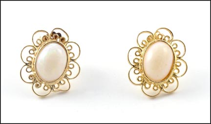 Opal Earrings with Filigree Mounting in 14K Yellow Gold LARGE