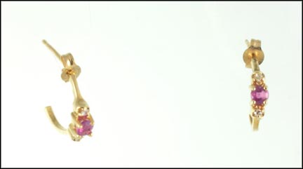 Ruby and Diamond J Hoop Earrings in 14K Yellow Gold LARGE