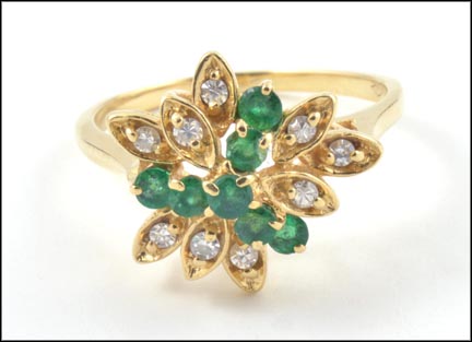 Emerald and Diamond Cluster Ring in 14K Yellow Gold MAIN