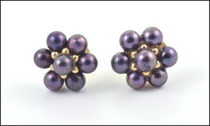 Gray Pearl Cluster Earrings in Yellow Gold LARGE
