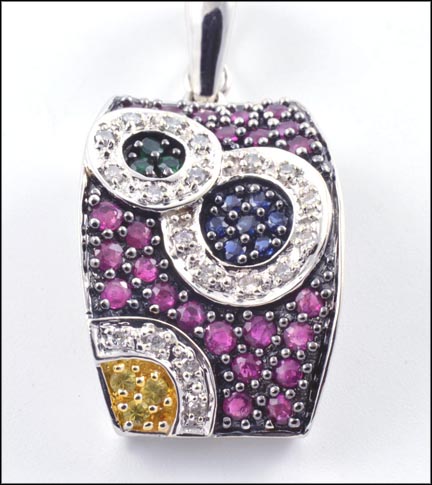 Ruby, Emerald, Diamond and Sapphire Pendant in 14K White Gold LARGE