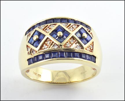 Wide Sapphire and Diamond Band in 14K Yellow Gold LARGE