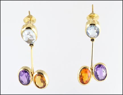 Aquamarine, Topaz and Amethyst Dangle Earrings in Yellow Gold MAIN