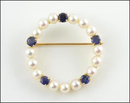 Pearl and Sapphire Circle Pin in 14K Yellow Gold LARGE