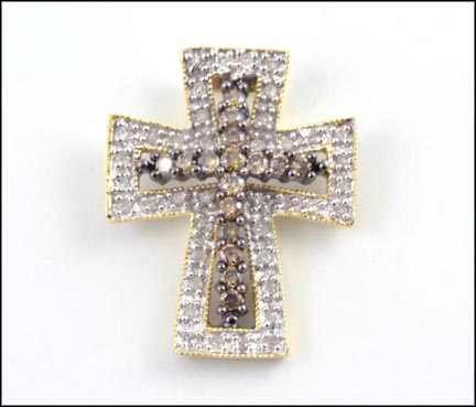 Brown and White Diamond Cross Pendant in 14K Yellow Gold LARGE