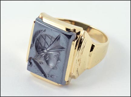 Hematite 1940's Intaglio Ring in 10K Yellow Gold LARGE
