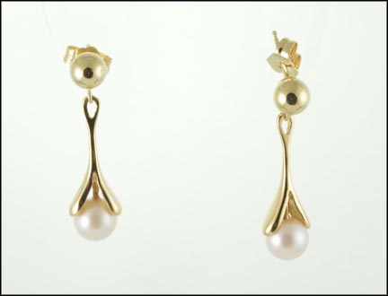 Gold Ball and Dangle Pearl Earrings in 14K Yellow Gold LARGE