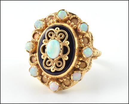 Opal Cluster with Onyx Ring in 14K Yellow Gold LARGE