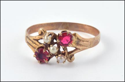 Victorian 1890's Red Stone and Pearl Ring in Rose Gold LARGE