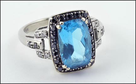 Blue Topaz and Black Diamond Ring in 10K White Gold LARGE
