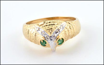 Owl Ring with Emerald Eyes in 14K Two-Tone Gold LARGE