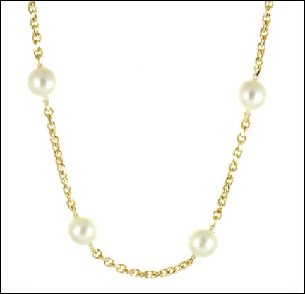 Diamond Cut Pearl Station Necklace in 14K Yellow Gold MAIN