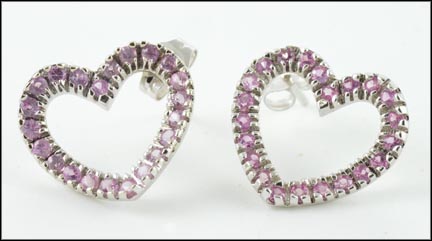 Pink Sapphire Heart Earrings in 14K White Gold LARGE