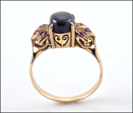Black Sapphire and Ruby Ring in 14K Yellow Gold LARGE