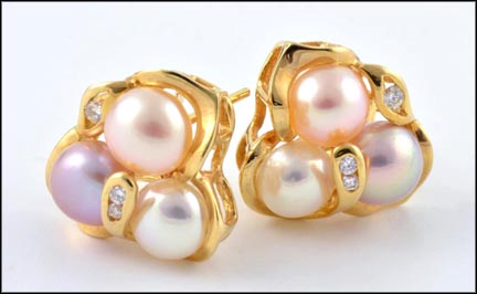 Pearl Cluster Omega Back Earrings in 14K Yellow Gold LARGE