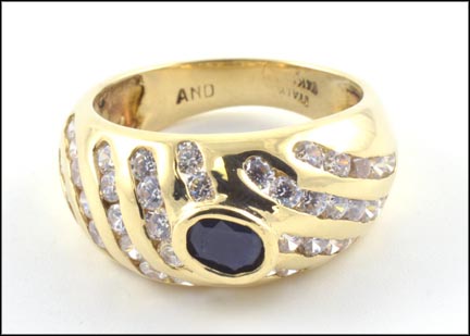 Sapphire Ring with Synthetic Diamonds in 14K Yellow Gold LARGE