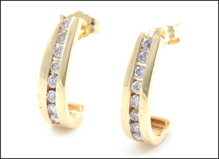 Diamond J Hoop Earrings in 14k Yellow Gold LARGE
