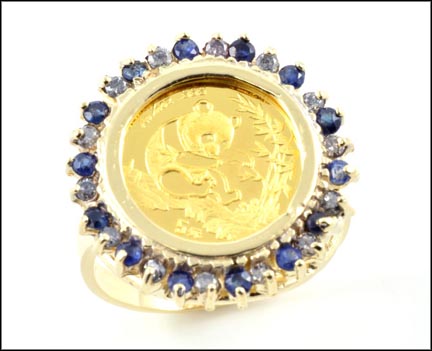 1/20 Gold Panda Ring with Sapphire and Diamond in 14k Yellow Gold LARGE