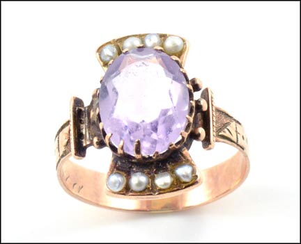 1870's Amethyst and Pearl Ring in Rose Gold LARGE