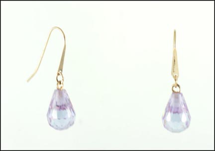 Lavendar Crystal Briolette Dangle Earrings in 14k Yellow Gold LARGE