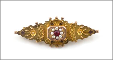 Vintage 1870's Ruby and Pearl Pin in 9k Yellow Gold MAIN