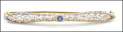 Filigree Sapphire Bar Pin, 1920's in 14k Two-Tone Gold MAIN