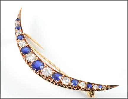 Vintage 1880's Sapphire and Diamond Crescent Pin in Rose Gold LARGE