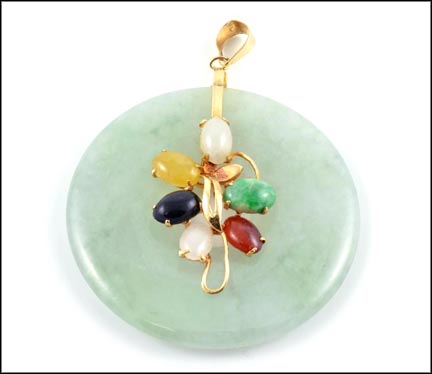 Jadeite Pendant with Multi-colored Jade stones in 14K Yellow Gold LARGE