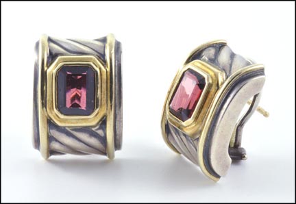 David Yurman Thoroughbred Garnet Cigar Band Cable Earrings in Sterling Silver and 14K Yellow Gold LARGE