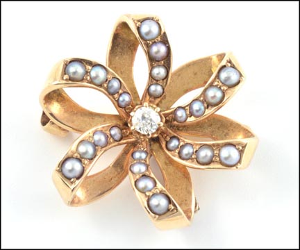 Vintage 1910 Pearl and Diamond Pin or Pendant in 14K Yellow Gold LARGE