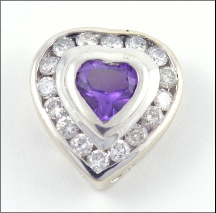 Amethyst and Diamond Heart Pendant in White Gold LARGE
