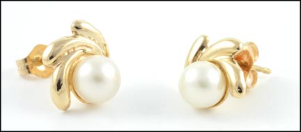 Pearl Earrings, Swirl Mounting in 14K Yellow Gold LARGE
