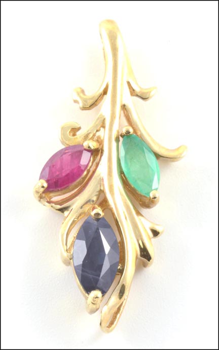 Ruby, Emerald and Sapphire Pendant in 10K Yellow Gold LARGE