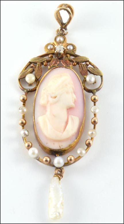 Cameo and Pearl Lavaliere Pendant in 10K Yellow Gold MAIN